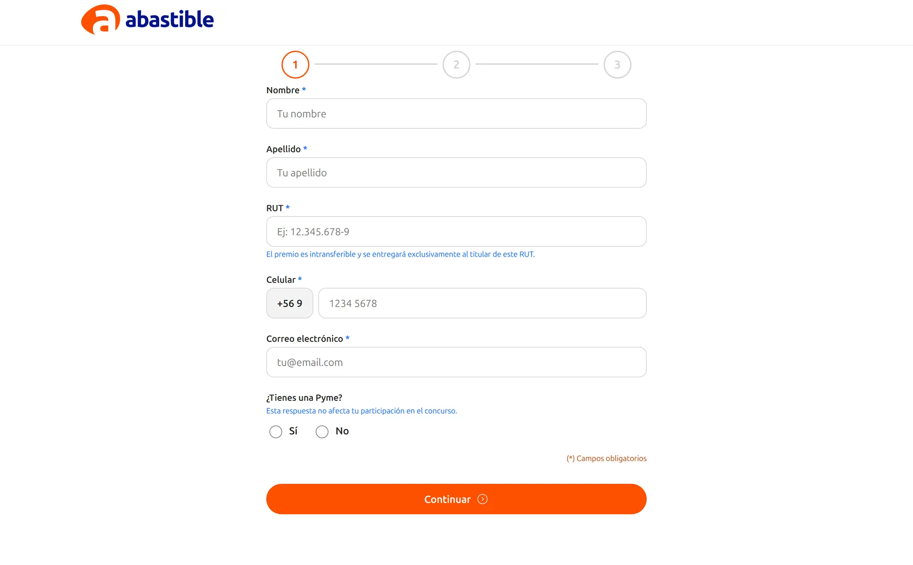 Registro, paso 1. Identificación del participante, con validación de RUT y detección de segmento.