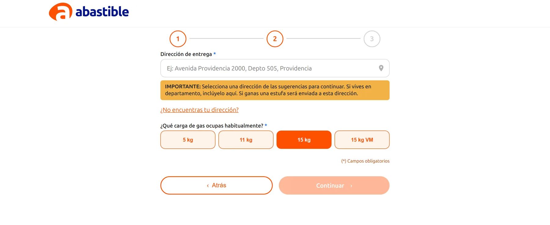 Registro, paso 2. Dirección de despacho con autocompletado, más el respaldo manual para las direcciones que el servicio no encuentra. Ese respaldo existe porque el autocompletado falla justo en las comunas donde más se necesita.