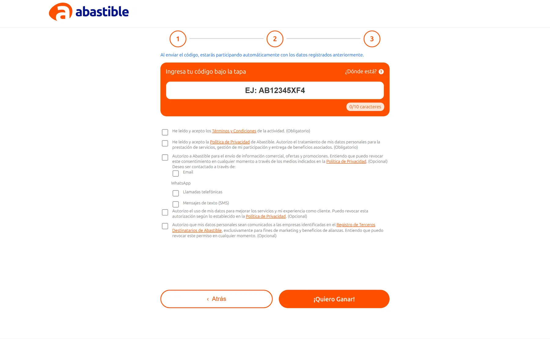 Ingreso de código y consentimiento. El módulo de consentimiento por canal, construido a medida. Cada casilla es una decisión que después había que poder revocar y auditar.
